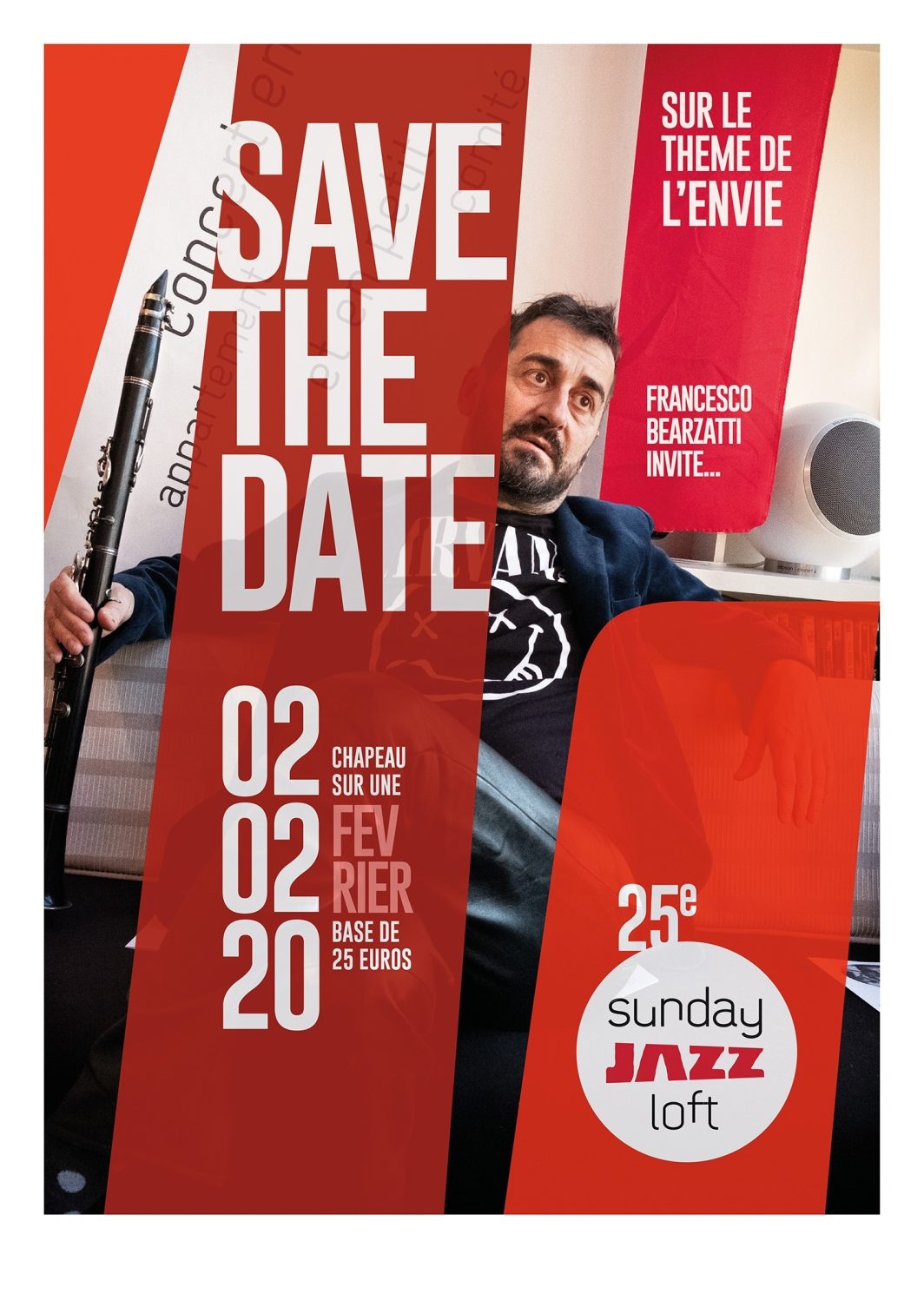 Affiche, Typographie, Logotype, Jeu typographique, Affiche graphique, Affiche typographique, Rond, Jeu typographique, Graphisme, Sunday jazz loft, Intérieur, Musicien, Interprète, Saxophoniste, Clarinettiste, Saxophone, Photo, Portrait, Visage, Barbe, Regard, Francesco Bearzatti, Jazz, Noir et blanc, n&b, nb