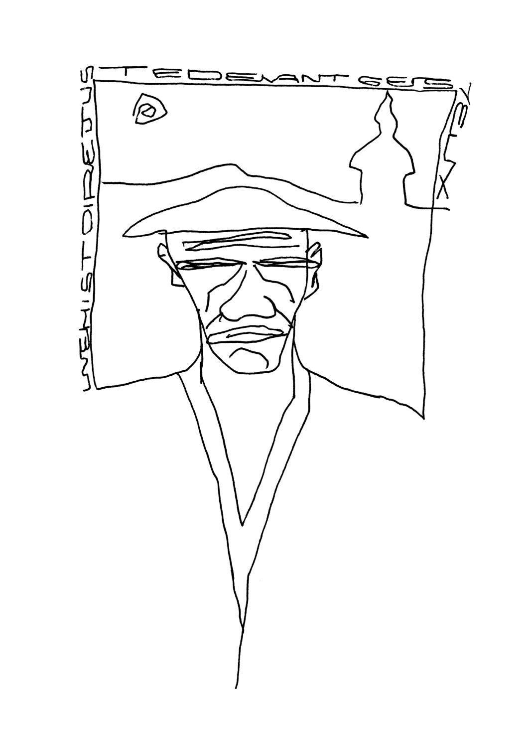 Dessin, Illustration, Japon, Personnage, Homme, Portrait, Visage, Moine, Chapeau pointu, Chapeau chinois, Chapeau, Tenue traditionnelle, Monument, Soleil, Écriture manuscrite, Stylo bic, Bic, Stylo à billes, Noir et blanc, n&b, nb