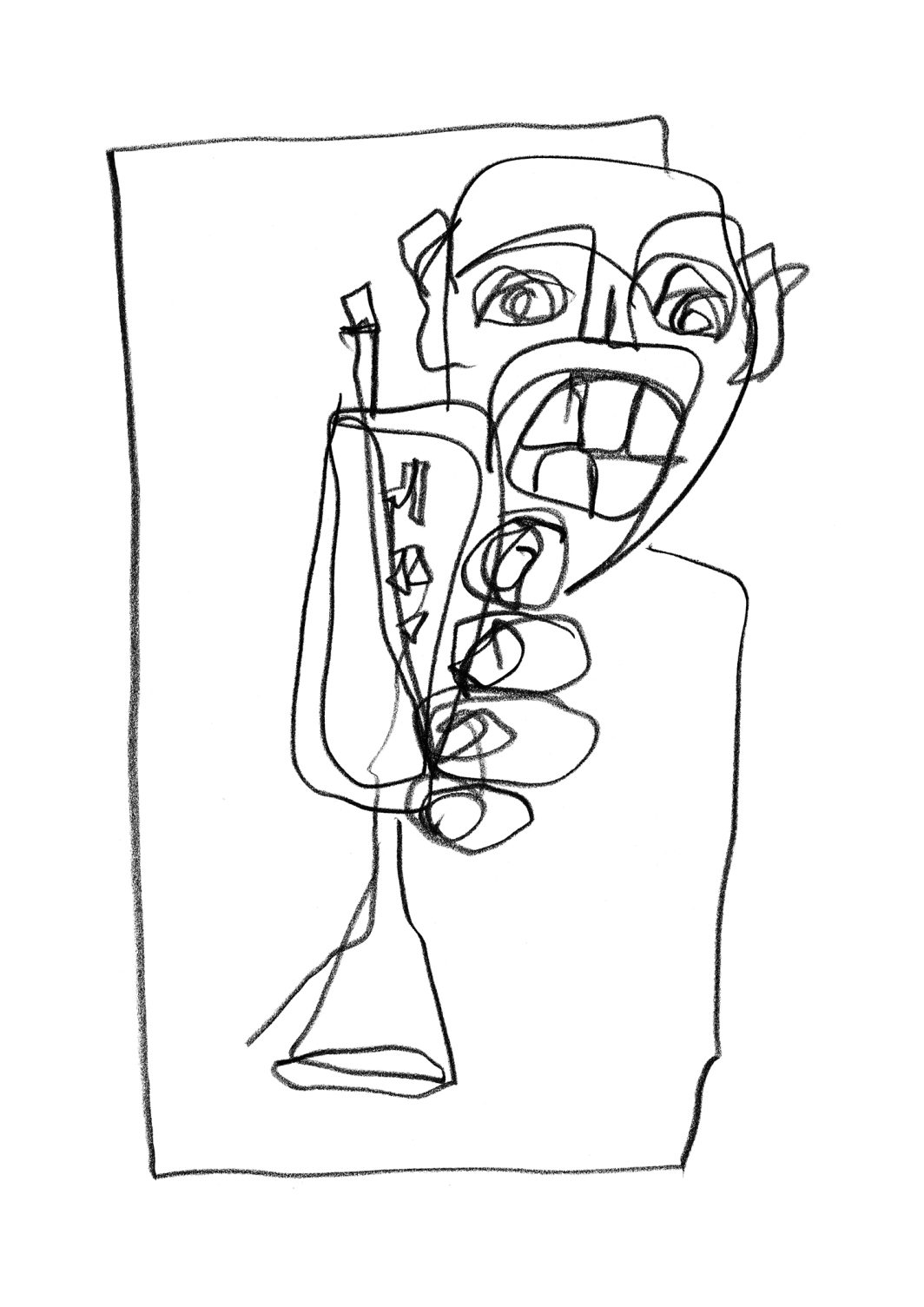 Dessin, Illustration, Interprète, Jazzman, Instrument, Instrument de musique, Jazz, Musique, Musicien, Trompette, Trompettiste, Personnage, Portrait, Visage, , Homme, Amateur, Corps, Bras, Touche, Regard, Bouche, Bouche ouverte, Dent, Main, Doigt, Ongle, Crayon noir, Crayon, Crayon gras, Noir et blanc, n&b, nb