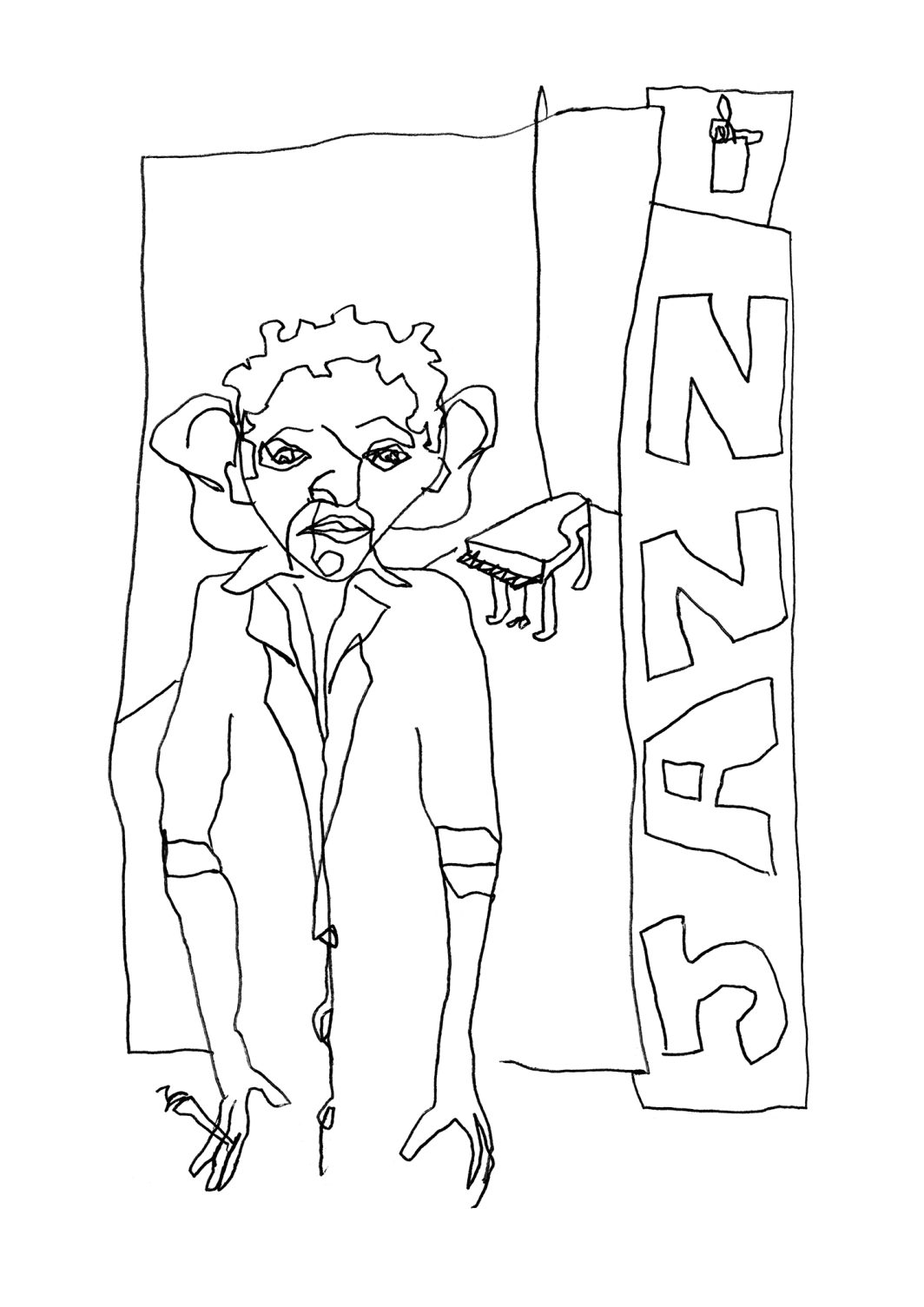 Dessin, Illustration, Interprète, Jazzman, Instrument, Instrument de musique, Jazz, Musique, Musicien, Piano, Pianiste, Personnage, Portrait, Visage, Serge Gainsbourg, Chanteur, Cigarette, Briquet, Manche relevée, Oreille, Oreille décollée, Homme, Regard, Amateur, Grand nez, Nez, Main, Doigt, Écriture manuscrite, Stylo bic, Bic, Stylo à billes, Noir et blanc, n&b, nb