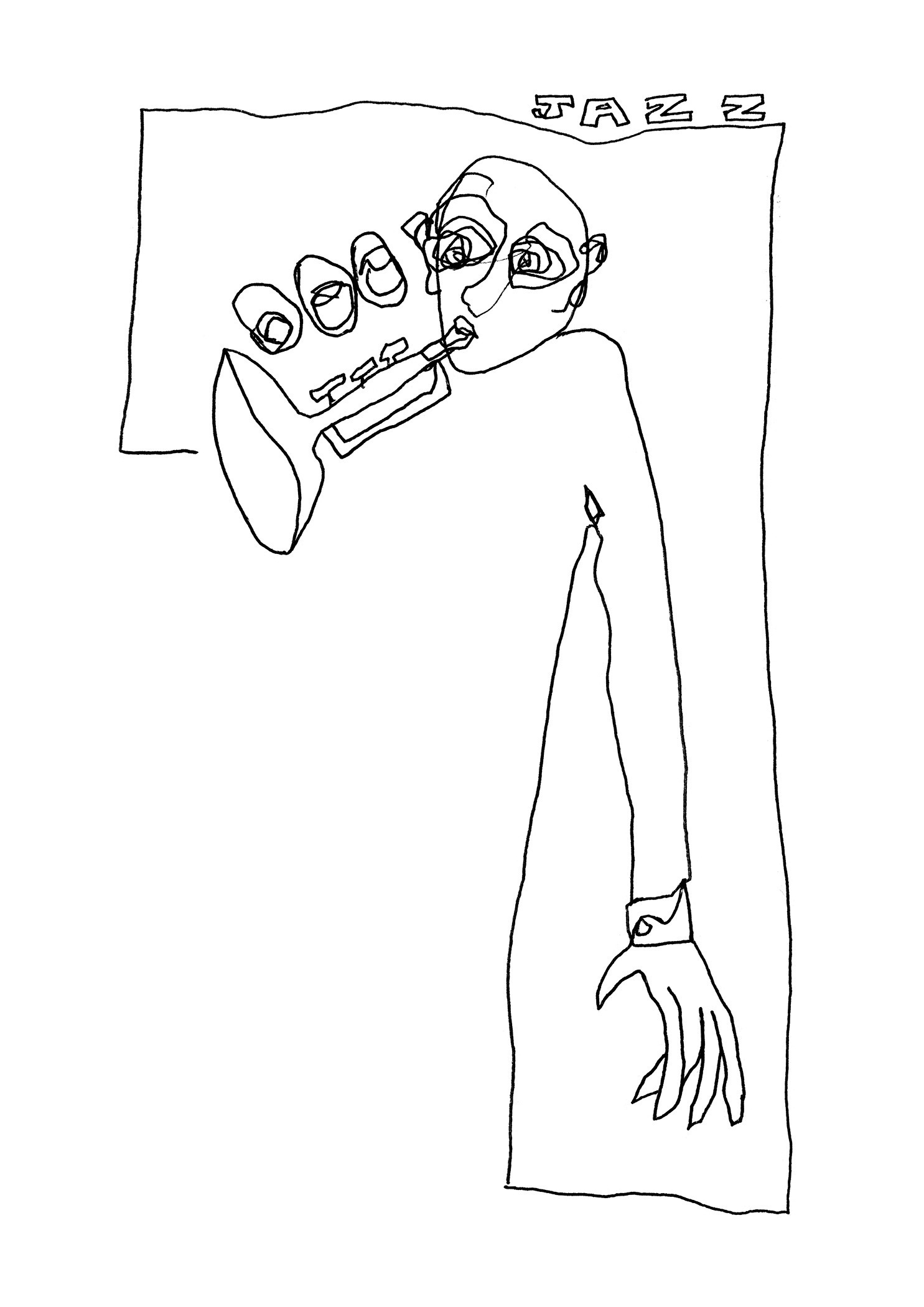 Dessin, Illustration, Jazz, Musique, Musicien, Jazzman, Instrument, Instrument de musique, Interprète, Trompette, Trompettiste, Personnage, Portrait, Regard, Visage, Homme, Amateur, Main, Doigt, Ongle, Touche, Bras tendu, Écriture manuscrite, Stylo bic, Bic, Stylo à billes, Noir et blanc, n&b, nb