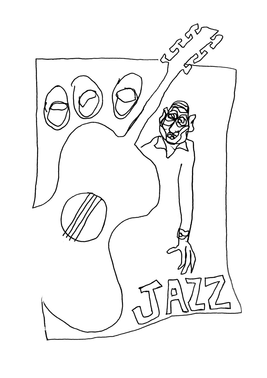 Dessin, Illustration, Jazz, Musique, Musicien, Jazzman, Instrument, Instrument de musique, Interprète, Guitare, Guitariste, Personnage, Portrait, Regard, Visage, Homme, Amateur, Main, Doigt, Ongle, Corde, Bras tendu, Écriture manuscrite, Stylo bic, Bic, Stylo à billes, Noir et blanc, n&b, nb