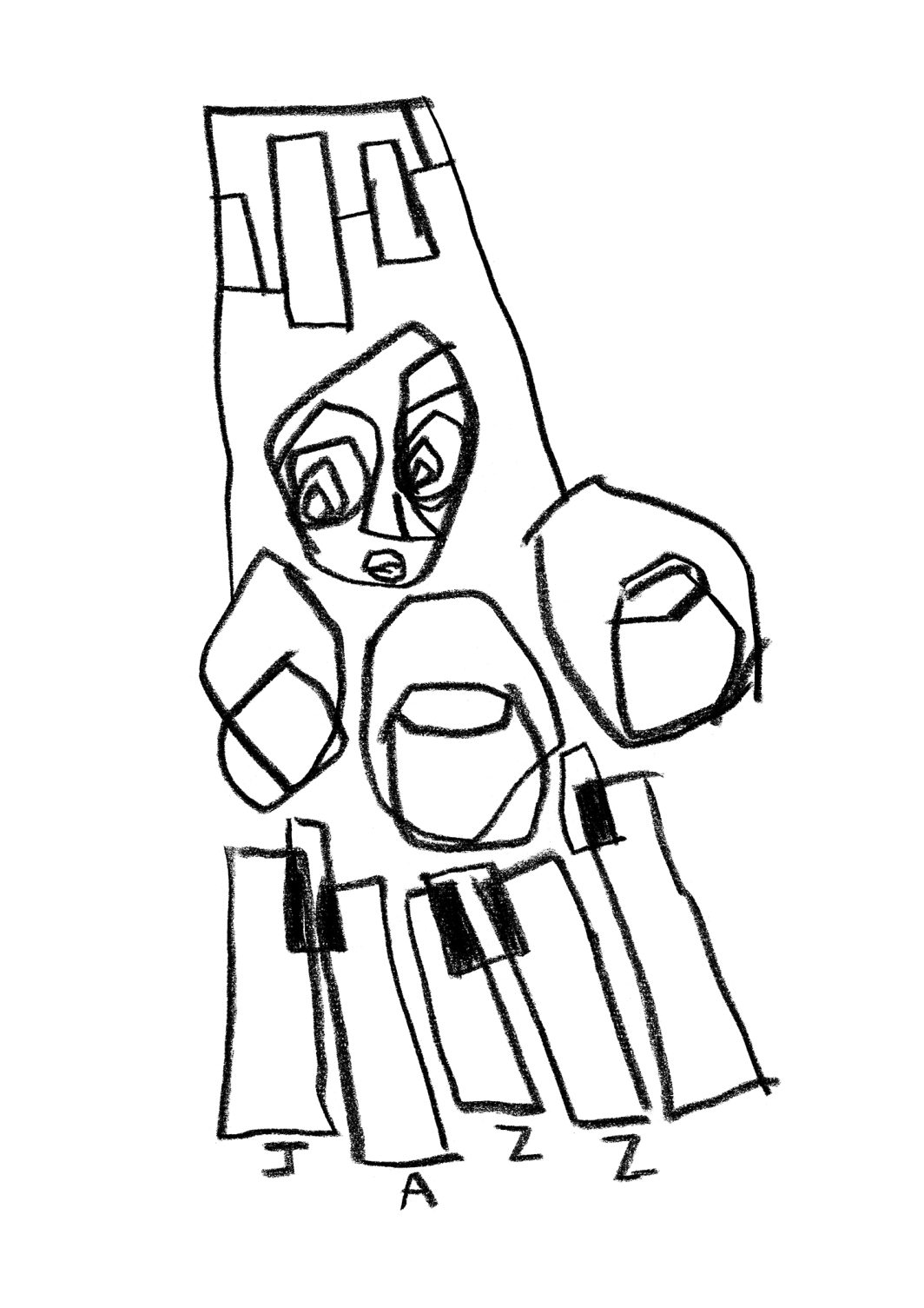 Dessin, Illustration, Jazz, Musique, Musicien, Jazzman, Instrument, Instrument de musique, Interprète, Piano, Pianiste, Personnage, Portrait, Visage, Regard, Homme, Amateur, Main, Doigt, Ongle, Touche, Touche blanche, Touche noire, Bouche, Bouche ouverte, Écriture manuscrite, Crayon noir, Crayon, Crayon gras, Noir et blanc, n&b, nb