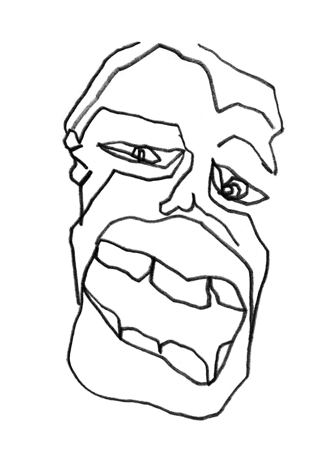 Dessin, Illustration, Croquis, Personnage, Personne, Homme, Portrait, Visage, Regard, De profil, Bouche ouverte, Dent, Cri, Son, Grosses lèvres, Au trait, Dessin au trait, Crayon noir, Crayon, Crayon gras, Noir et blanc, n&b, nb