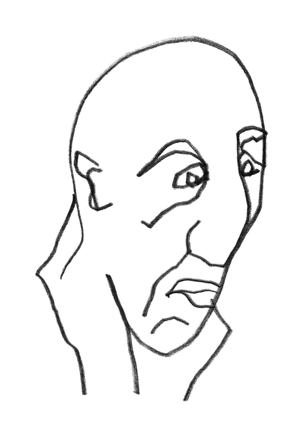 Dessin, Illustration, Croquis, Personnage, Personne, Homme, Portrait, Visage, Chauve, Regard, Dégoût, De profil, Au trait, Dessin au trait, Crayon noir, Crayon, Crayon gras, Noir et blanc, n&b, nb