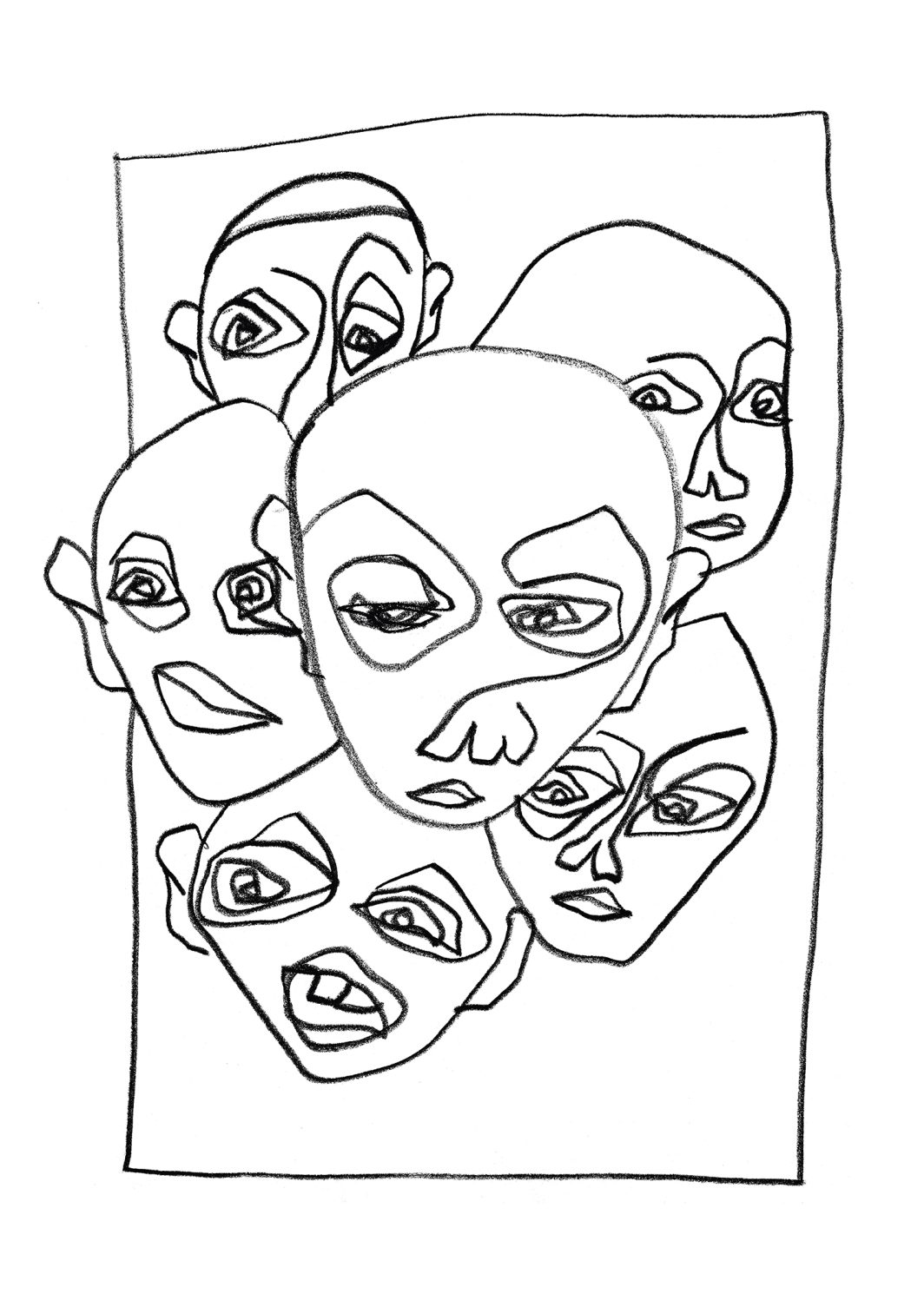 Dessin, Illustration, Personnage, Homme, Tête, Visage, Œil, Yeux, Regard, Bouche, Bouche ouverte, Bloc, Groupe, Crayon noir, Crayon, Crayon gras, Noir et blanc, n&b, nb, Des mots mis en baraque à sons