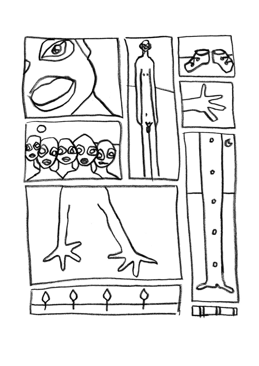 Dessin, Illustration, Personnage, Homme, Tête, Visage, Œil, Main, Corps, Arbre, Chaussures, Soleil, Yeux, Regard, Bouche, Bouche ouverte, Nu, Bloc, Groupe, Crayon noir, Crayon, Crayon gras, Noir et blanc, n&b, nb, Des mots mis en baraque à sons, cases,